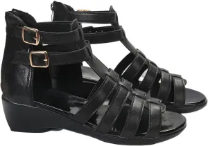 Women Black Leather High Top Gladiator Sandals,Summer Peep Toe Hollow Back Zipper Dressy Flat Roman Sandals Wedges Sandals