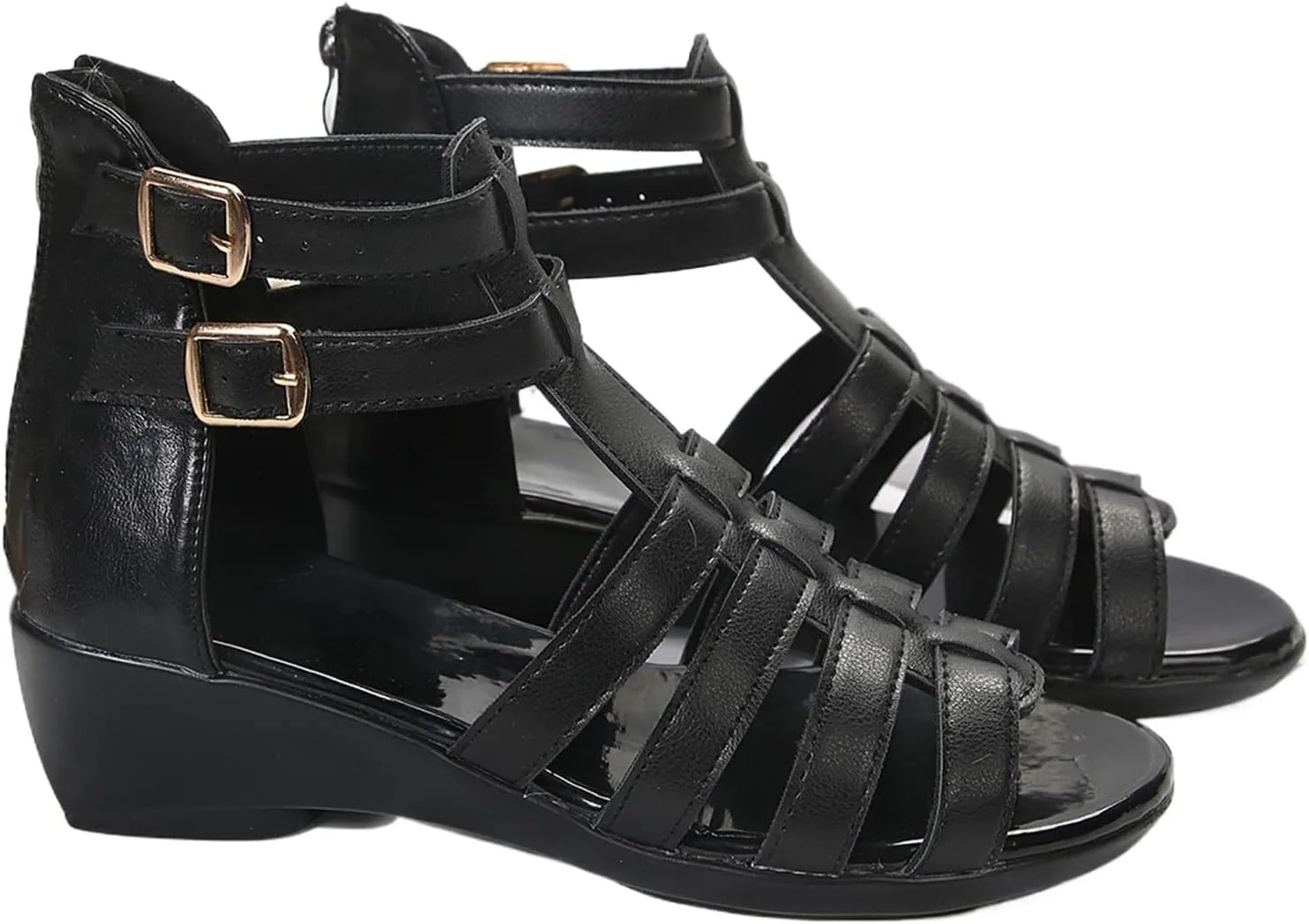 Women Black Leather High Top Gladiator Sandals,Summer Peep Toe Hollow Back Zipper Dressy Flat Roman Sandals Wedges Sandals