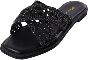 Women Chic Braided Reticular Open Toe Flat Mules Soft Insole Stylish Slide Sandals Slip on Casual Daily Dress Slippers Size 4-16 US