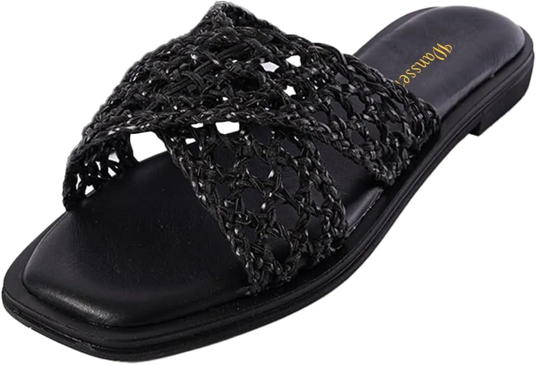 Women Chic Braided Reticular Open Toe Flat Mules Soft Insole Stylish Slide Sandals Slip on Casual Daily Dress Slippers Size 4-16 US