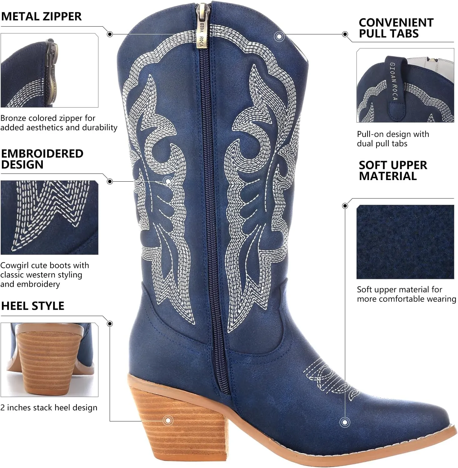 Women Cowboy Boots, Western Mid-Calf Point Toe Embroidered Side Zippe Boots Retro Fashion Women's Cowgirl Boot