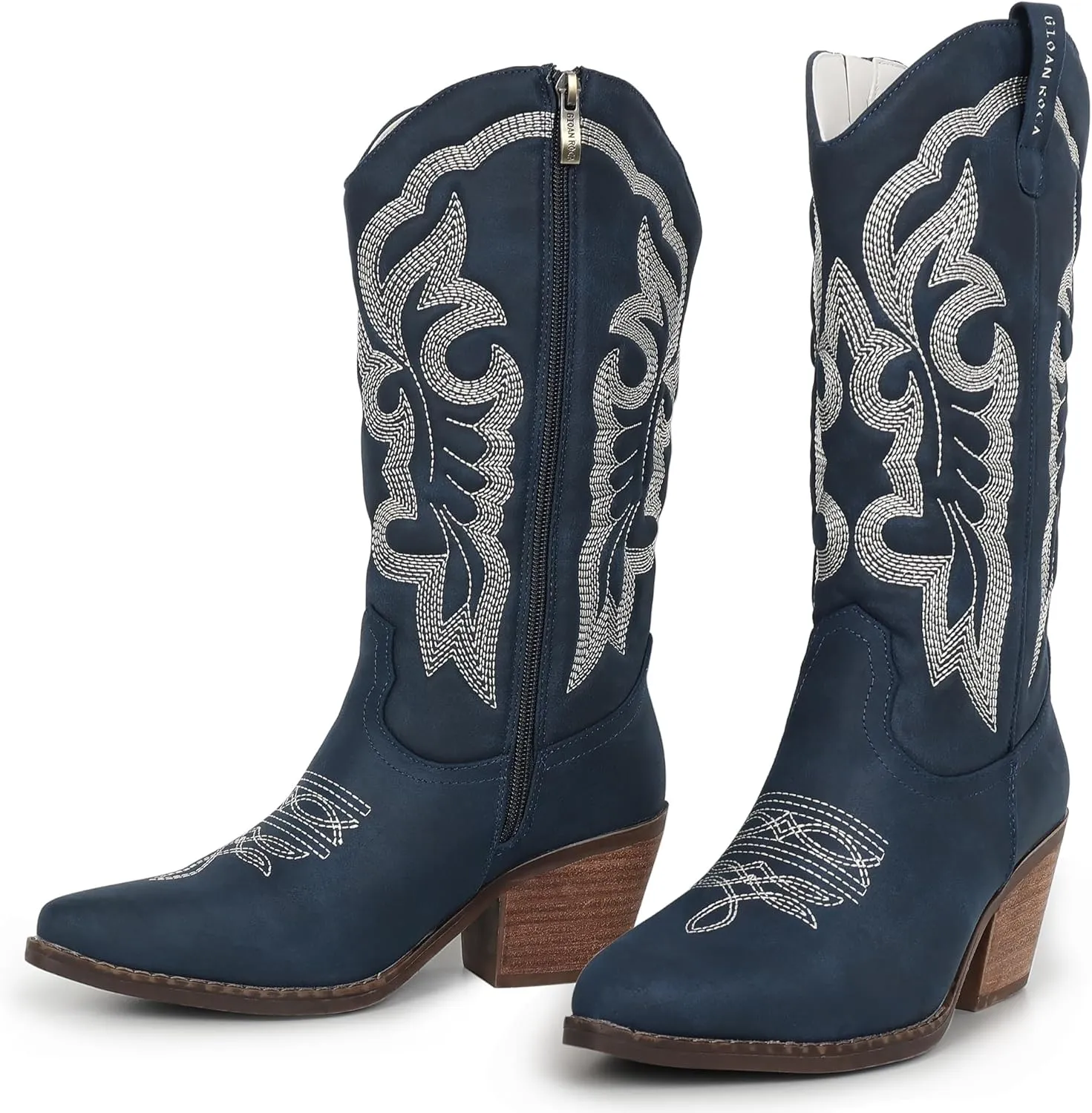 Women Cowboy Boots, Western Mid-Calf Point Toe Embroidered Side Zippe Boots Retro Fashion Women's Cowgirl Boot