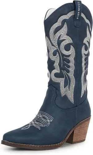 Women Cowboy Boots, Western Mid-Calf Point Toe Embroidered Side Zippe Boots Retro Fashion Women's Cowgirl Boot