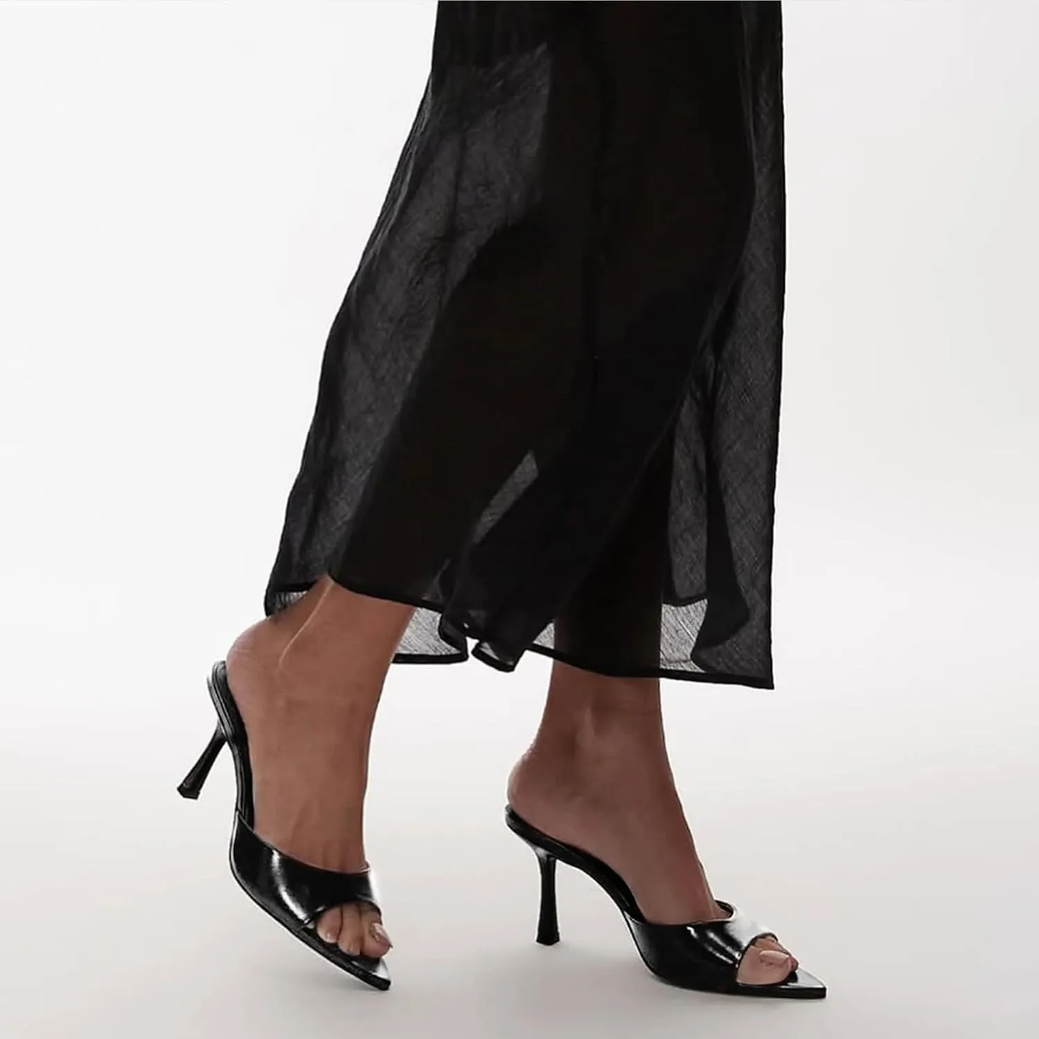 Women Heeled Mules Pointed Peep Toe Stiletto High Heel Slip on Backless Summer Mules Slide Sandals Fashion Dress Shoes
