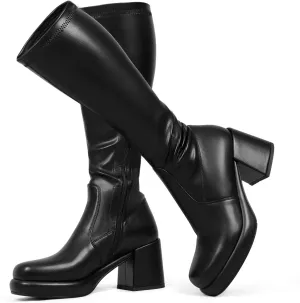 Women Knee High Boots Comfortable Platform Chunky Heel Elastic Sock Stretch Boots Side Zipper
