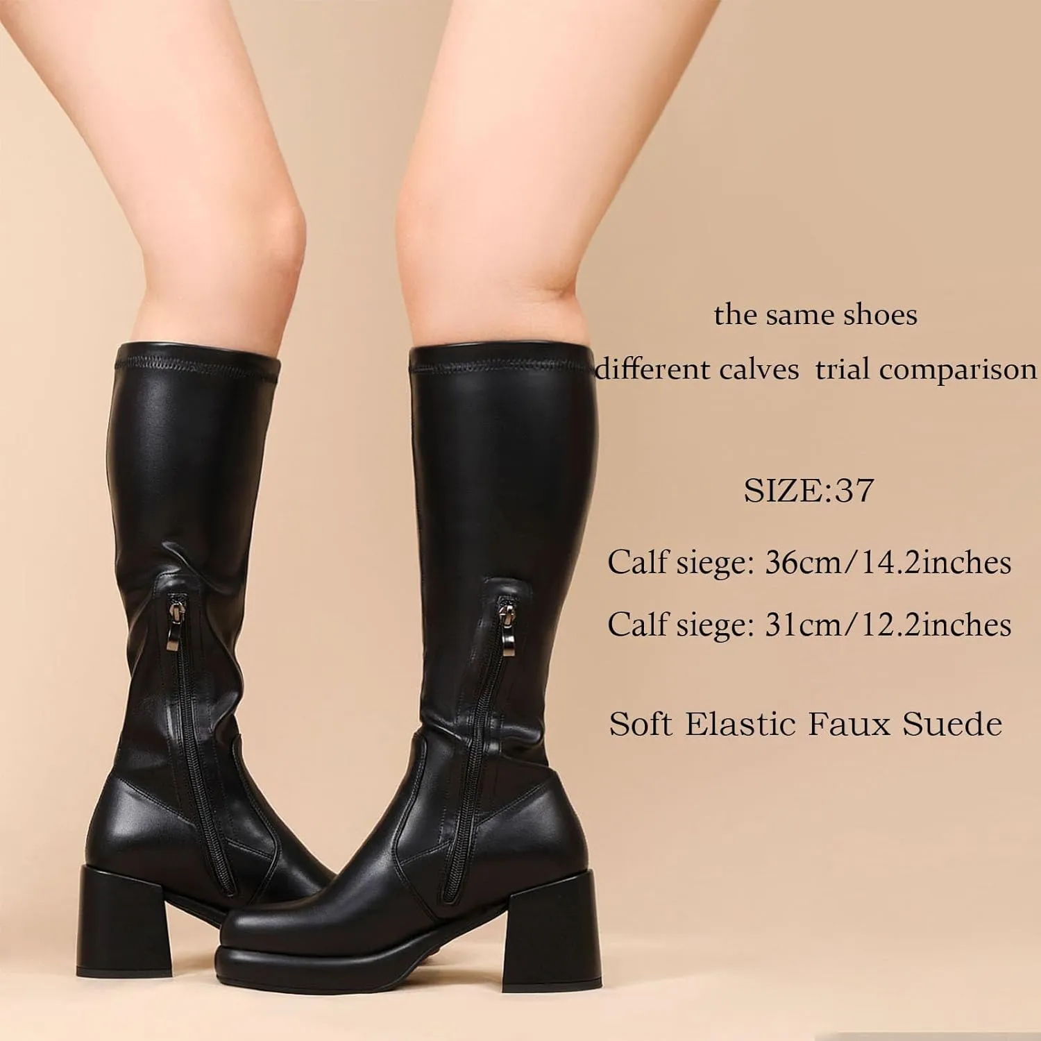 Women Knee High Boots Comfortable Platform Chunky Heel Elastic Sock Stretch Boots Side Zipper