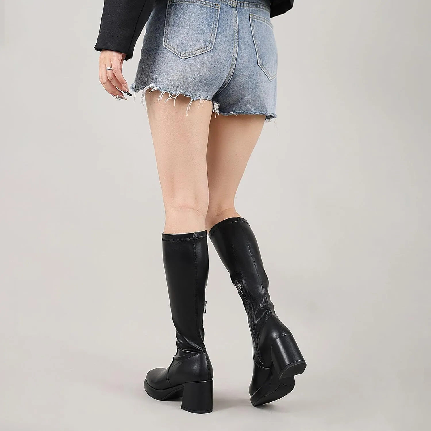 Women Knee High Boots Comfortable Platform Chunky Heel Elastic Sock Stretch Boots Side Zipper