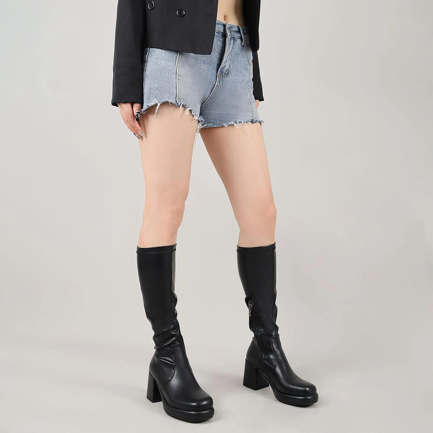 Women Knee High Boots Comfortable Platform Chunky Heel Elastic Sock Stretch Boots Side Zipper