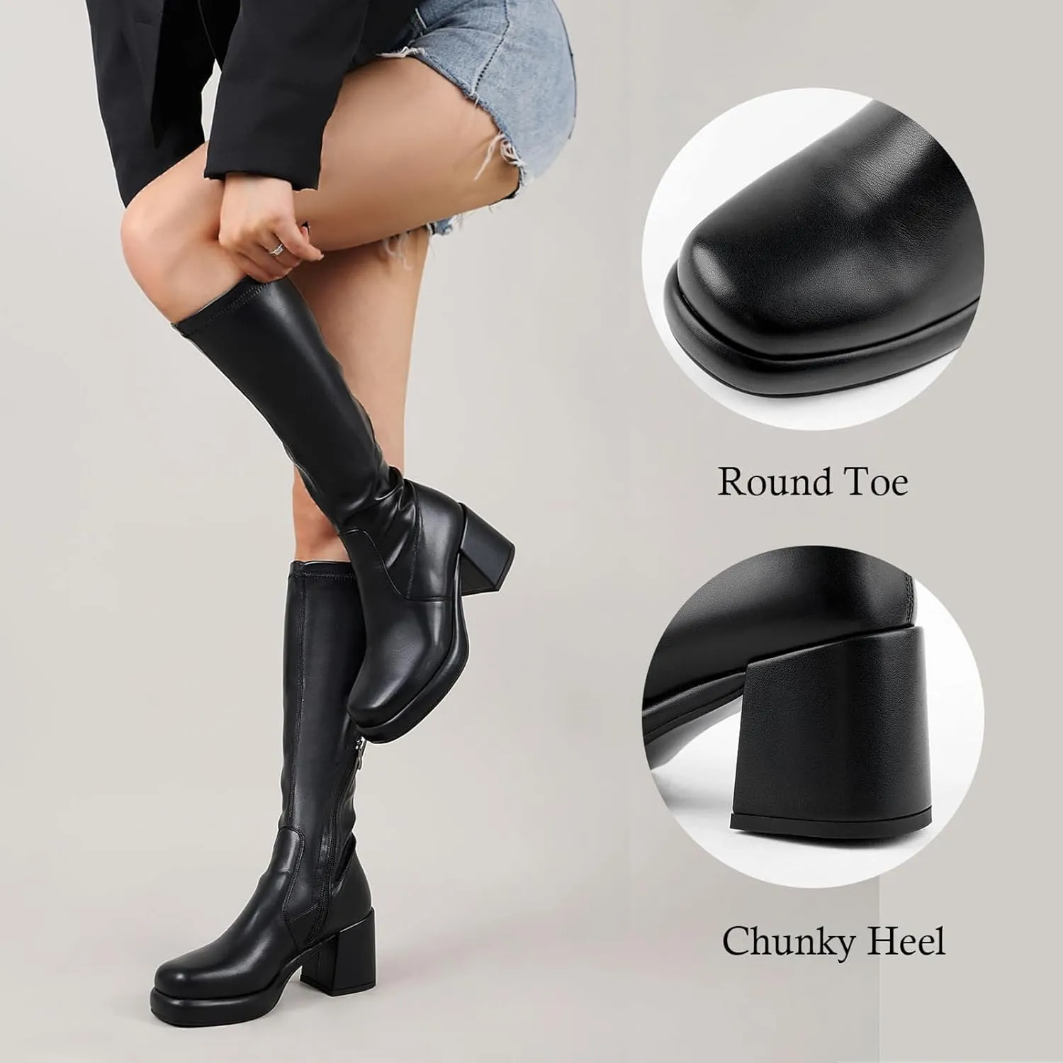 Women Knee High Boots Comfortable Platform Chunky Heel Elastic Sock Stretch Boots Side Zipper