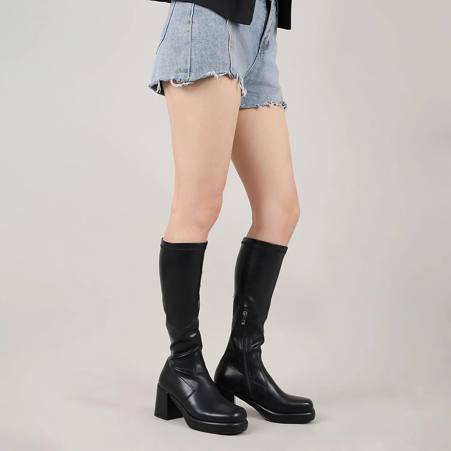 Women Knee High Boots Comfortable Platform Chunky Heel Elastic Sock Stretch Boots Side Zipper