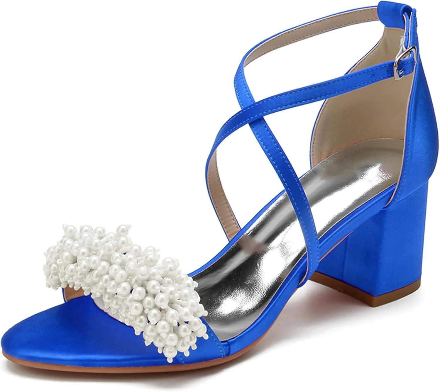 Women Open Toe Chunky Block Heels Beaded Satin Crossover Strappy Wedding Evening Party Sandals