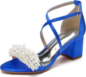 Women Open Toe Chunky Block Heels Beaded Satin Crossover Strappy Wedding Evening Party Sandals