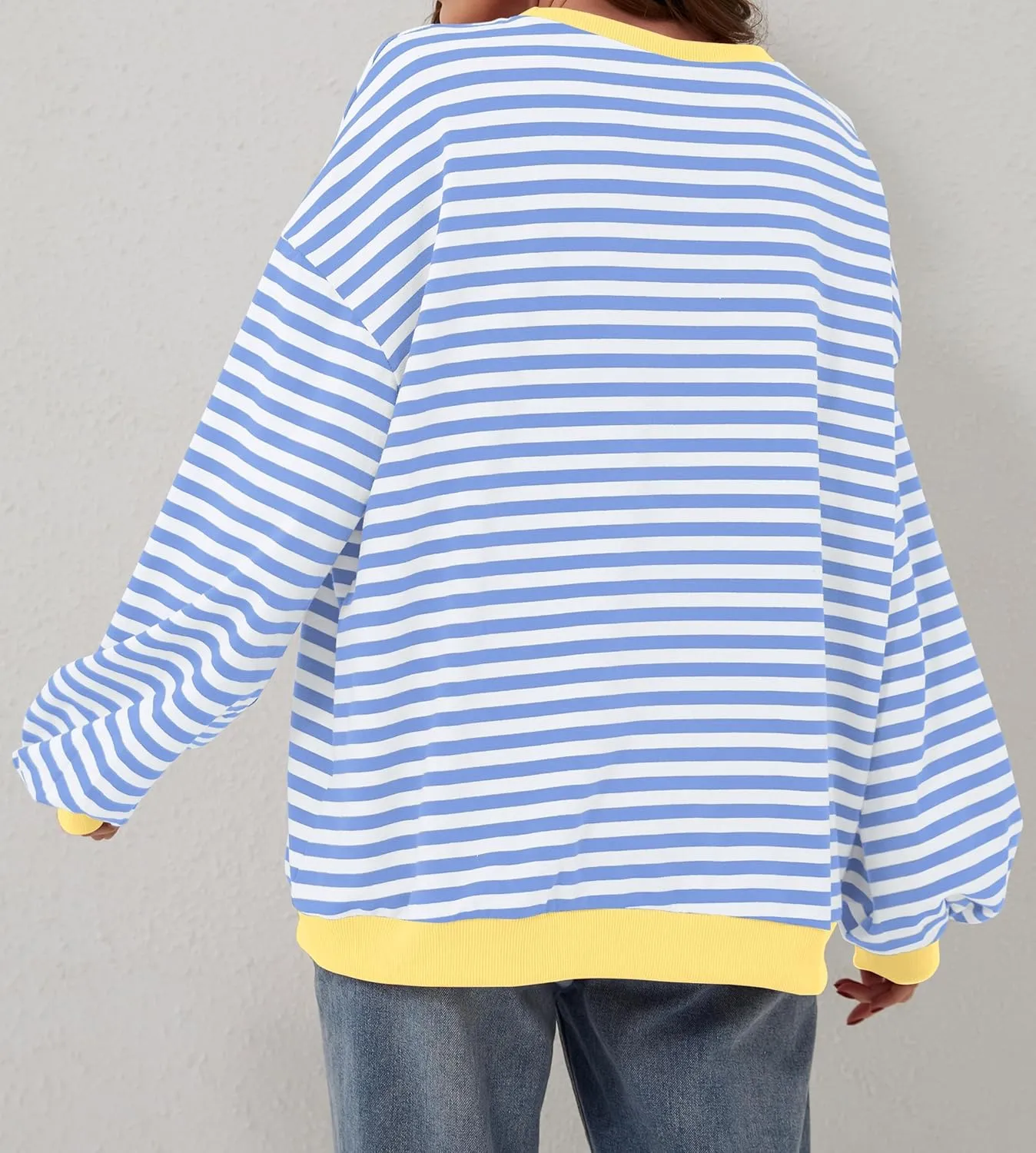 Women Oversized Striped Long Sleeve Sweatshirt Casual Crew Neck Drop Shoulder Relaxed Fit Pullover Shirt Top