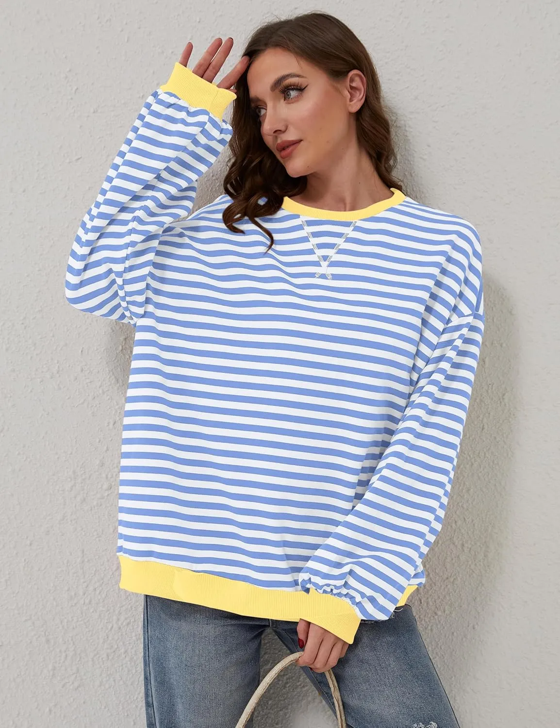Women Oversized Striped Long Sleeve Sweatshirt Casual Crew Neck Drop Shoulder Relaxed Fit Pullover Shirt Top