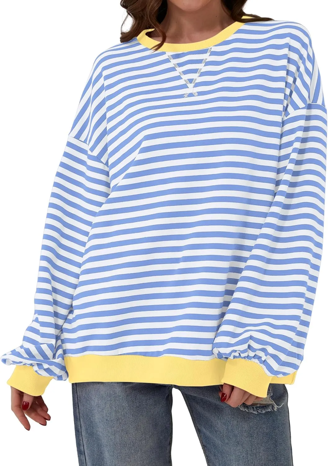 Women Oversized Striped Long Sleeve Sweatshirt Casual Crew Neck Drop Shoulder Relaxed Fit Pullover Shirt Top