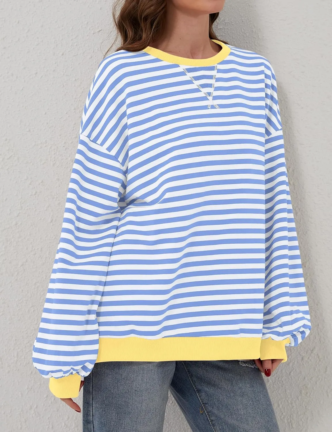 Women Oversized Striped Long Sleeve Sweatshirt Casual Crew Neck Drop Shoulder Relaxed Fit Pullover Shirt Top