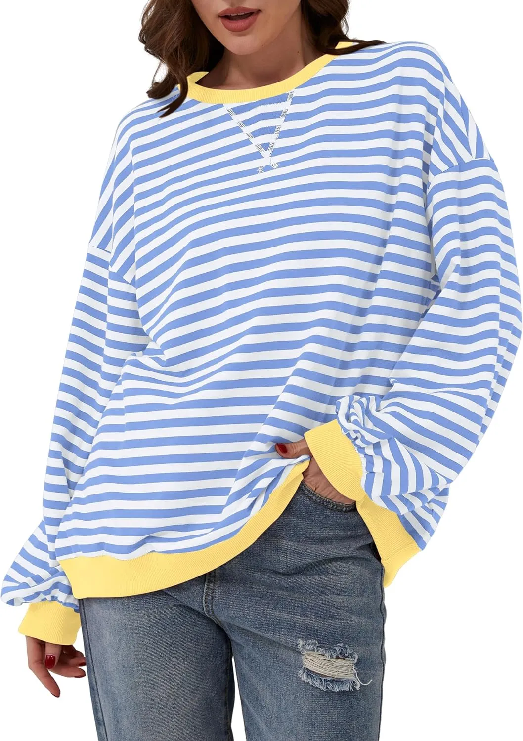 Women Oversized Striped Long Sleeve Sweatshirt Casual Crew Neck Drop Shoulder Relaxed Fit Pullover Shirt Top