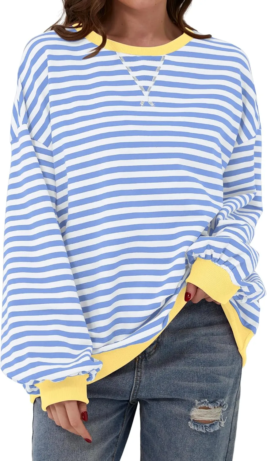 Women Oversized Striped Long Sleeve Sweatshirt Casual Crew Neck Drop Shoulder Relaxed Fit Pullover Shirt Top