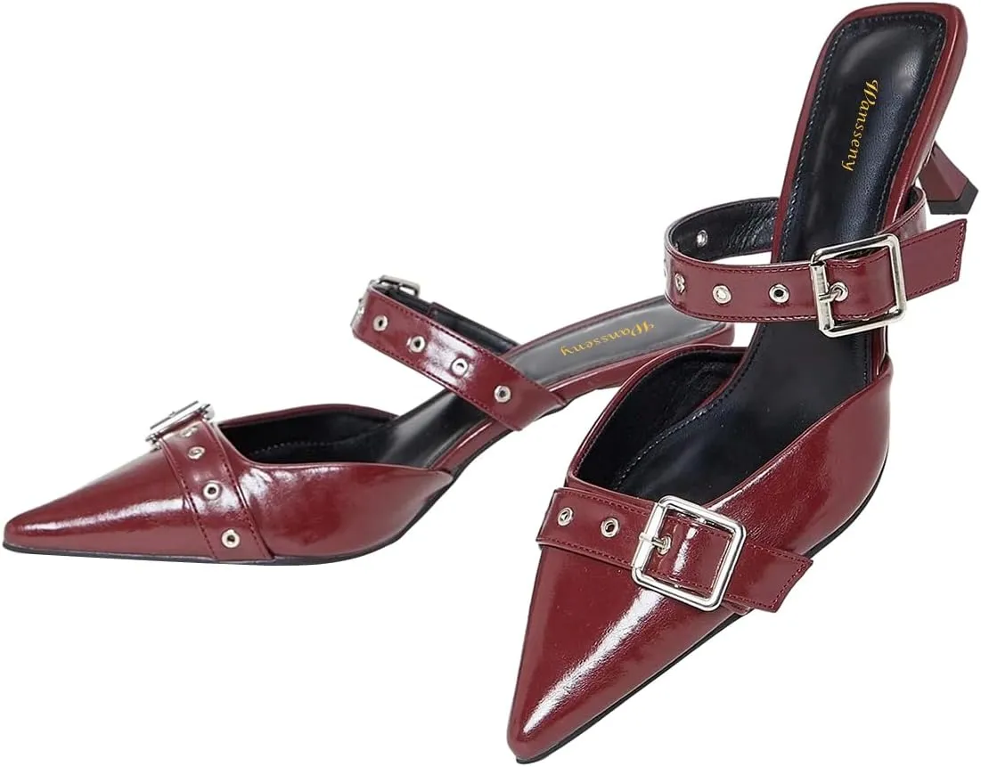 Women Pointed Toe Strap Buckle Mules Kitten Heel Slip On Ladies Summer Casual Dress Shoes Size 4-16 US