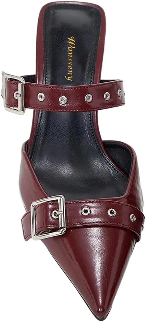 Women Pointed Toe Strap Buckle Mules Kitten Heel Slip On Ladies Summer Casual Dress Shoes Size 4-16 US