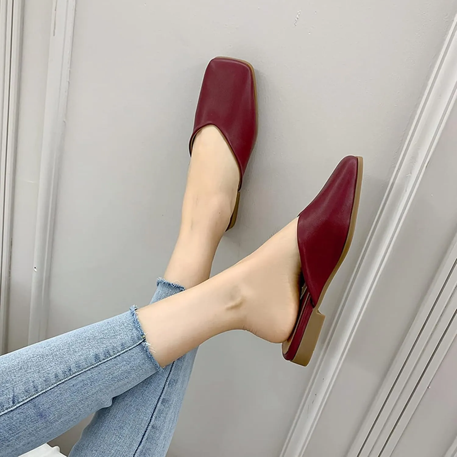 Women Square Toe Slide Mules Backless Slip on Dress Slippers Lightweight Comfortable Casual Flat Shoes