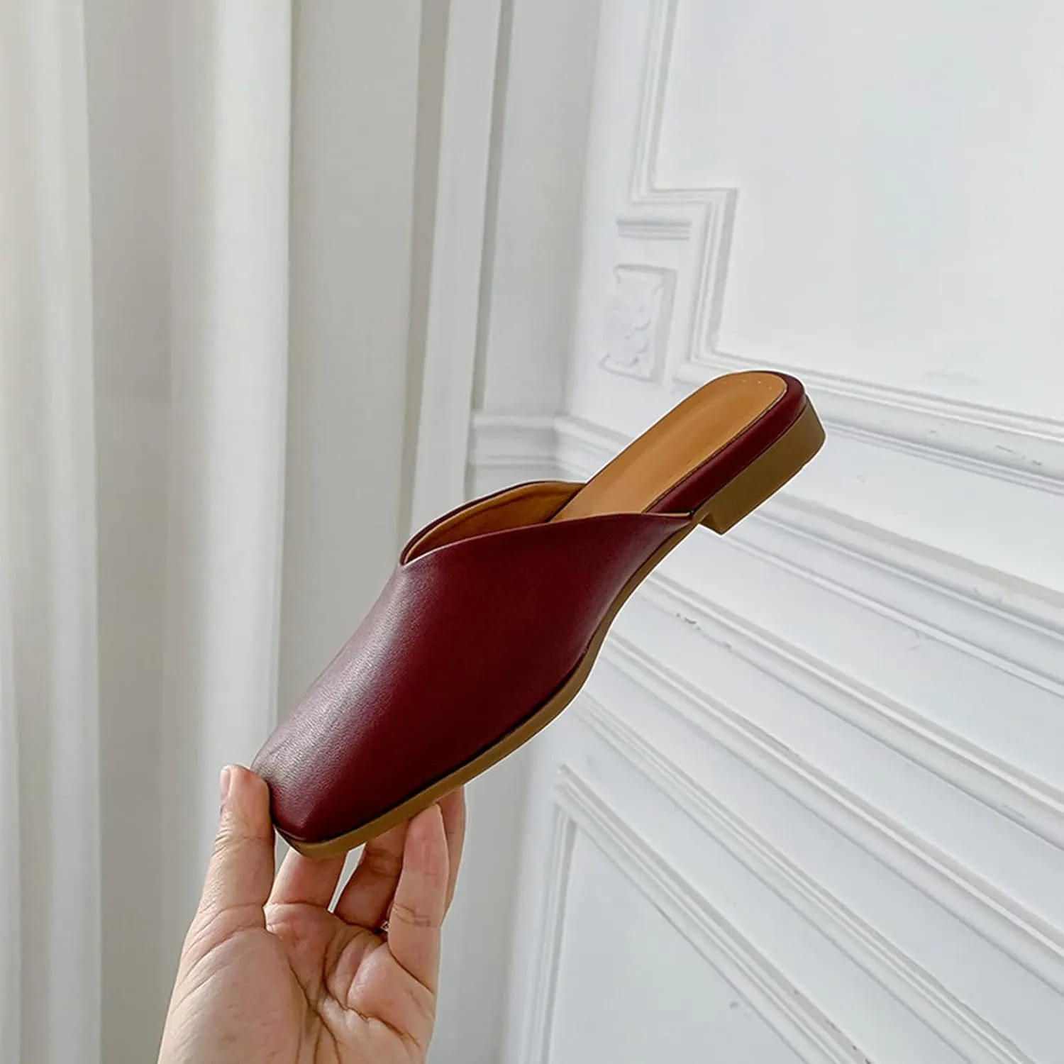 Women Square Toe Slide Mules Backless Slip on Dress Slippers Lightweight Comfortable Casual Flat Shoes