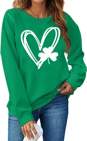 Women St. Patrick's Day Sweatshirts Shamrock Clover Print Shirts Casual Irish Gift Long Sleeve Loose Fit Tops