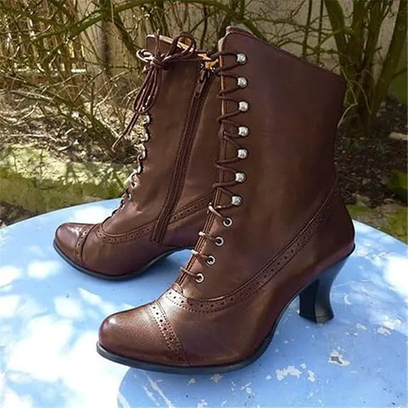 Women Vintage Boots, 70s Lace up Ankle Boots Mid Heel Booties Cone Heel Side Zip Almond Toe Boots Costume Shoes, Multisize