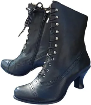 Women Vintage Boots, 70s Lace up Ankle Boots Mid Heel Booties Cone Heel Side Zip Almond Toe Boots Costume Shoes, Multisize