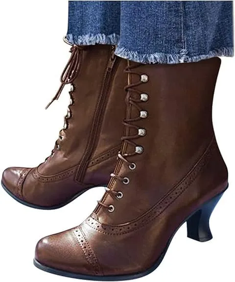 Women Vintage Boots, 70s Lace up Ankle Boots Mid Heel Booties Cone Heel Side Zip Almond Toe Boots Costume Shoes, Multisize