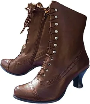 Women Vintage Boots, 70s Lace up Ankle Boots Mid Heel Booties Cone Heel Side Zip Almond Toe Boots Costume Shoes, Multisize