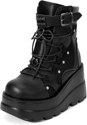 Women Wedge Ankle Boots Lace-Up Zip Round Toe High Heels Goth Combat Booties Chunky Heel Platform Motorcycle Boots