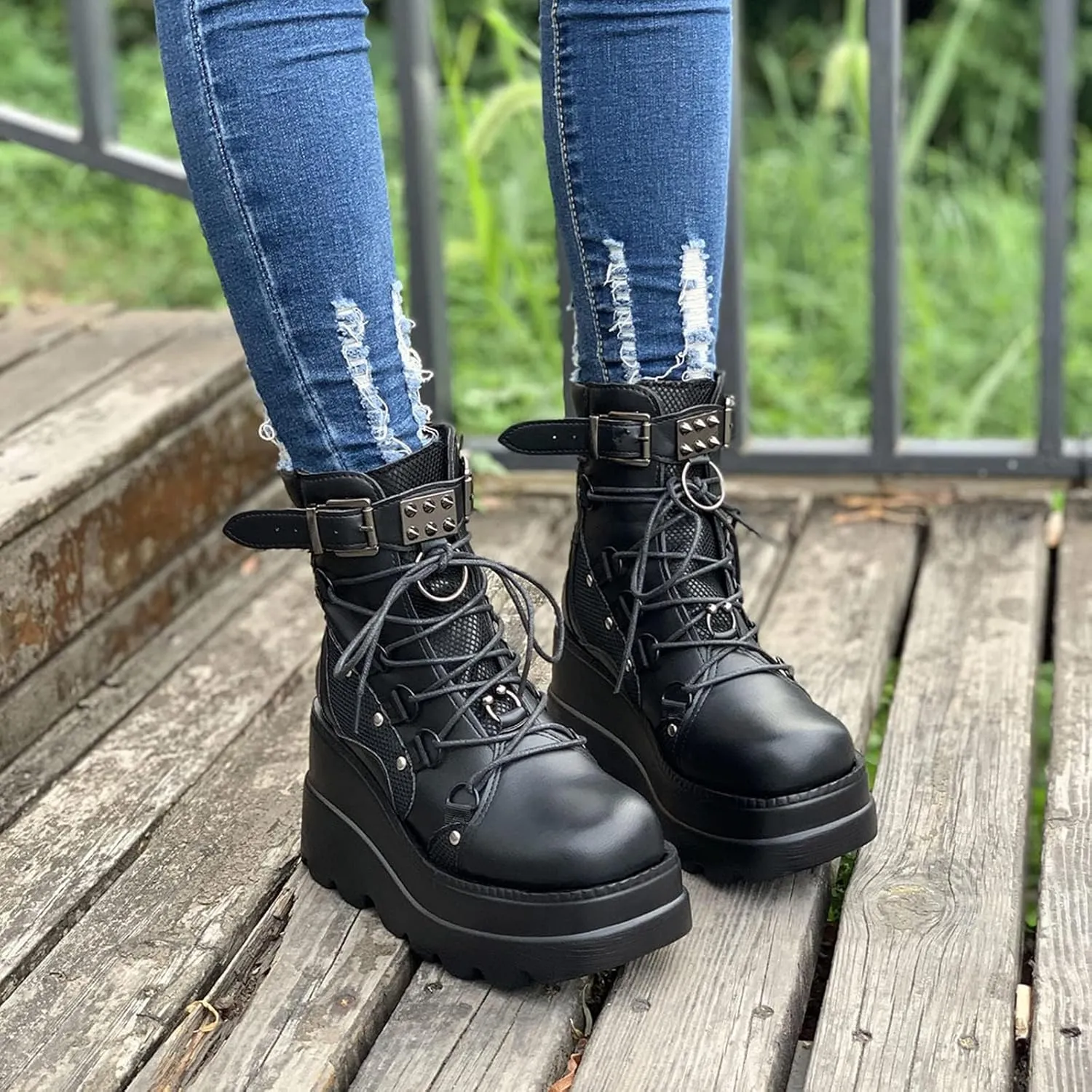 Women Wedge Ankle Boots Lace-Up Zip Round Toe High Heels Goth Combat Booties Chunky Heel Platform Motorcycle Boots