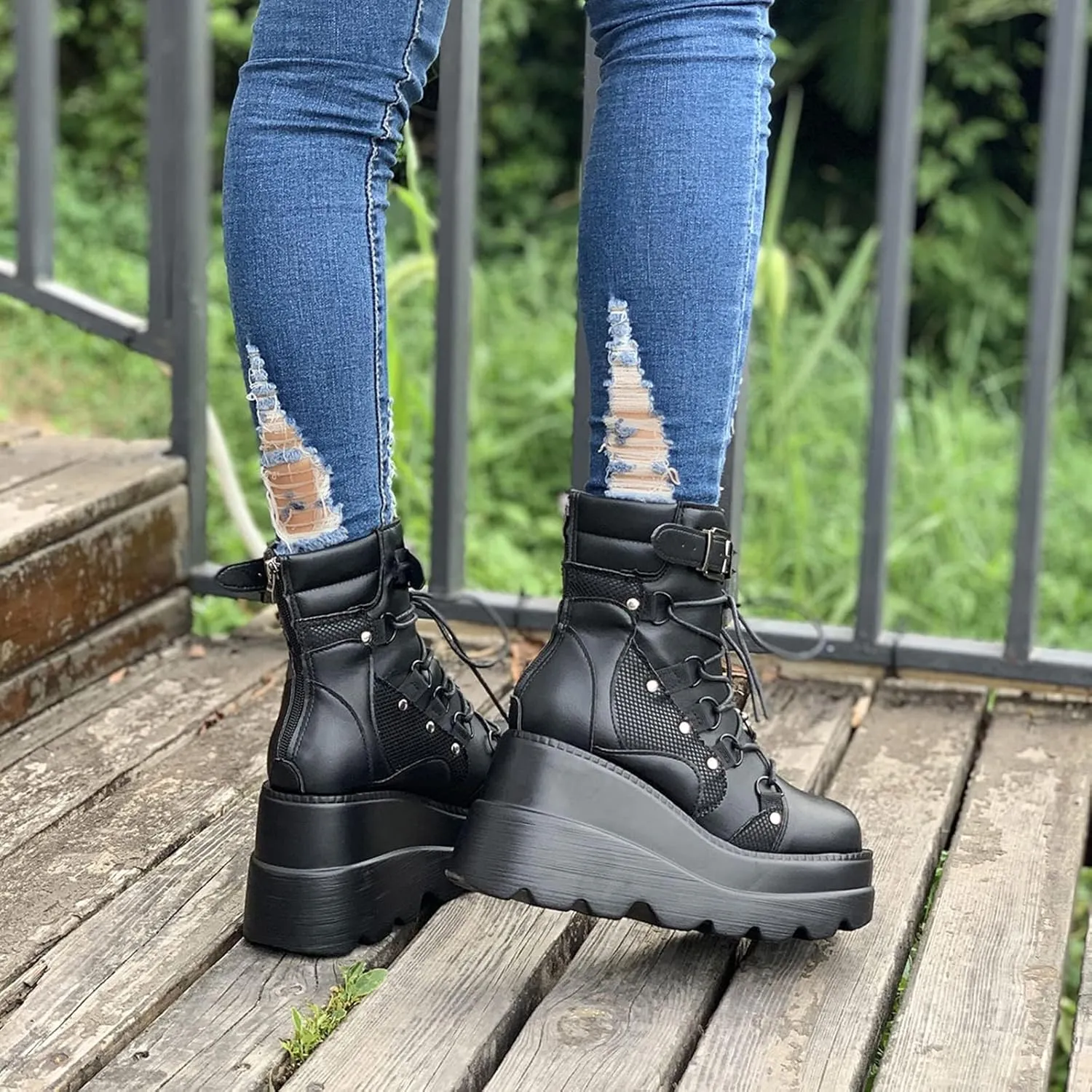 Women Wedge Ankle Boots Lace-Up Zip Round Toe High Heels Goth Combat Booties Chunky Heel Platform Motorcycle Boots