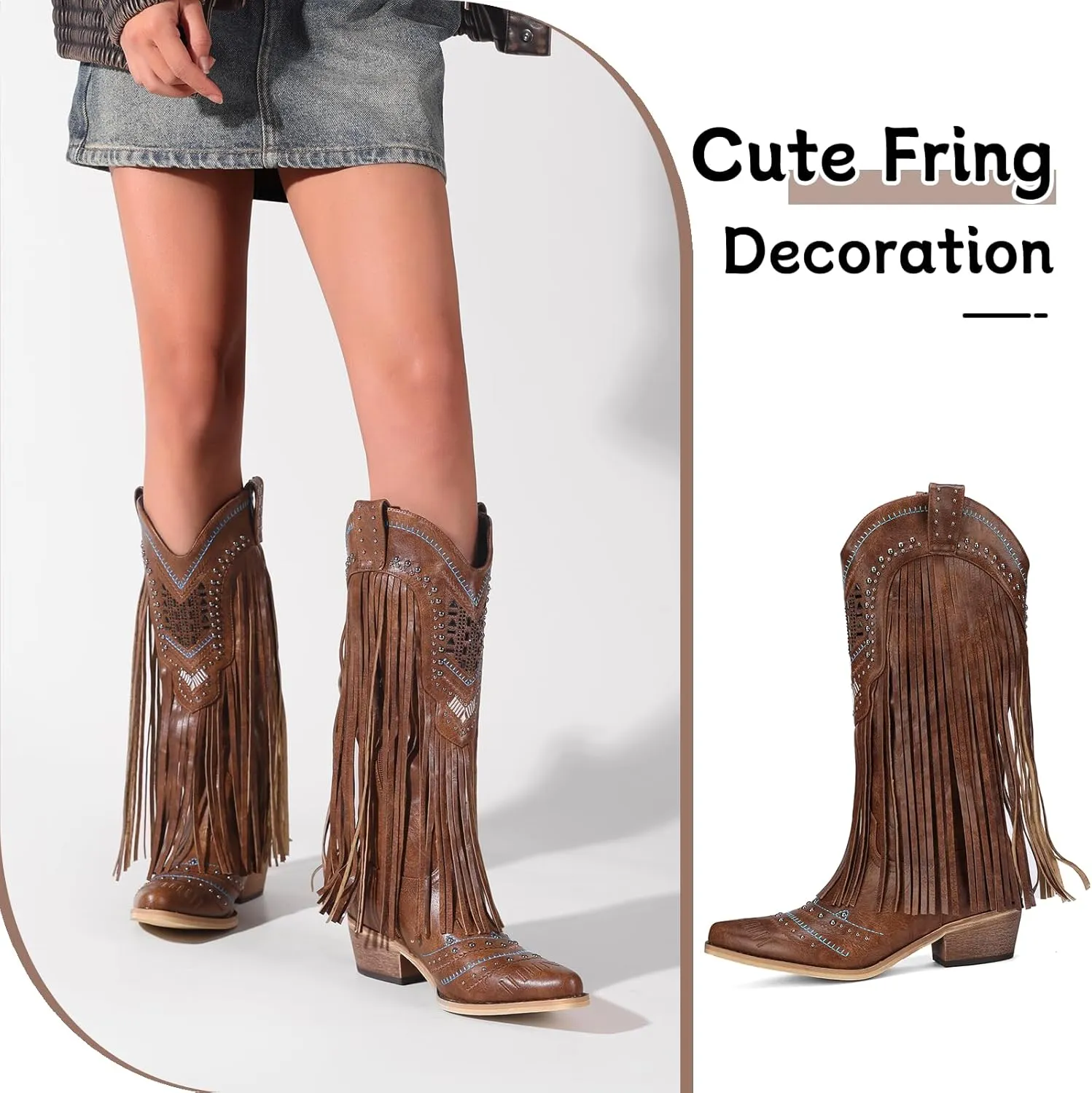 Women Western Cowboy Boots with Fringe Studded Studded Wide Calf Cowgirl Boots with Pointed Toe Country Tassel Long Boots Brown Knee High Boots Pull On Wedding Boots With Zipper