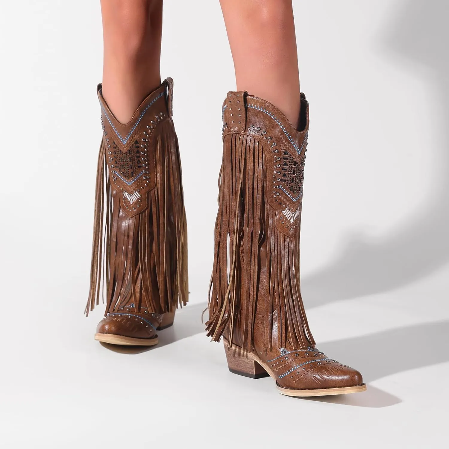 Women Western Cowboy Boots with Fringe Studded Studded Wide Calf Cowgirl Boots with Pointed Toe Country Tassel Long Boots Brown Knee High Boots Pull On Wedding Boots With Zipper