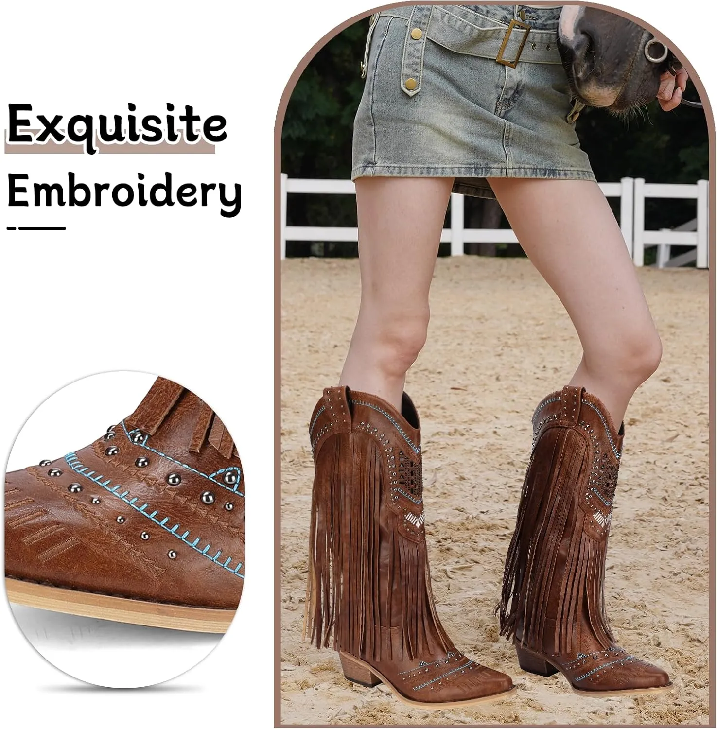 Women Western Cowboy Boots with Fringe Studded Studded Wide Calf Cowgirl Boots with Pointed Toe Country Tassel Long Boots Brown Knee High Boots Pull On Wedding Boots With Zipper