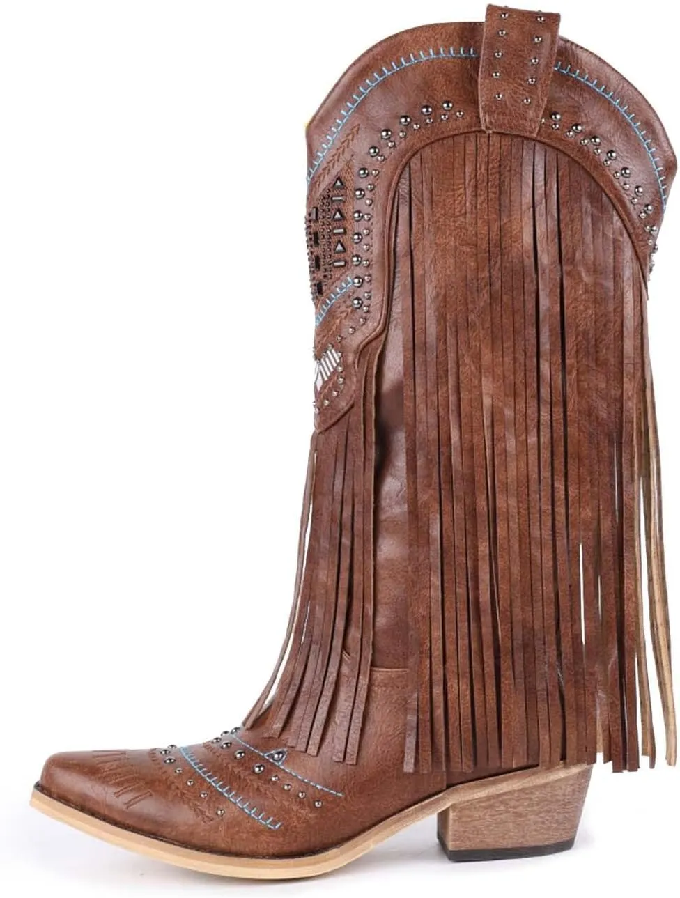 Women Western Cowboy Boots with Fringe Studded Studded Wide Calf Cowgirl Boots with Pointed Toe Country Tassel Long Boots Brown Knee High Boots Pull On Wedding Boots With Zipper