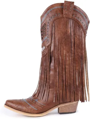 Women Western Cowboy Boots with Fringe Studded Studded Wide Calf Cowgirl Boots with Pointed Toe Country Tassel Long Boots Brown Knee High Boots Pull On Wedding Boots With Zipper