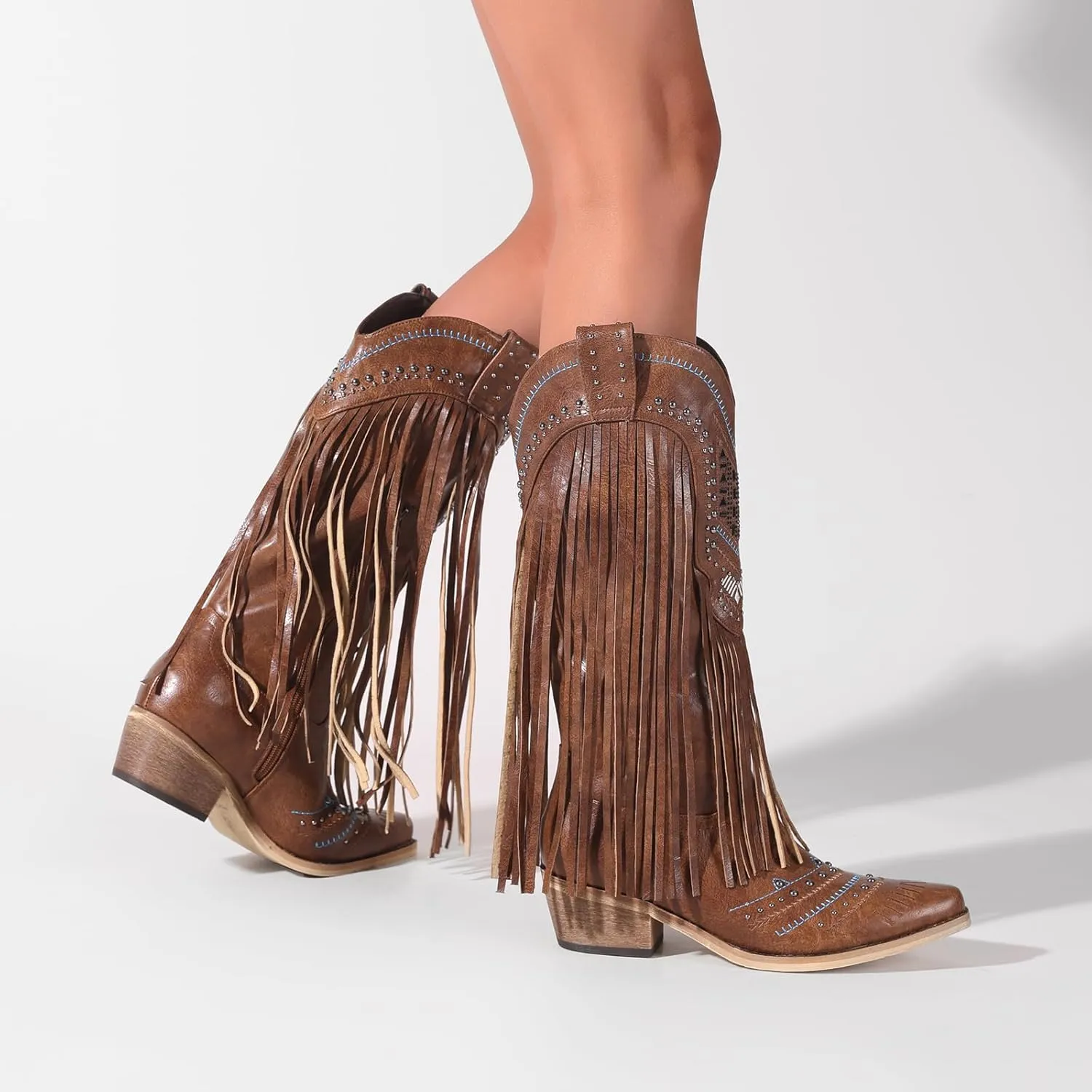 Women Western Cowboy Boots with Fringe Studded Studded Wide Calf Cowgirl Boots with Pointed Toe Country Tassel Long Boots Brown Knee High Boots Pull On Wedding Boots With Zipper