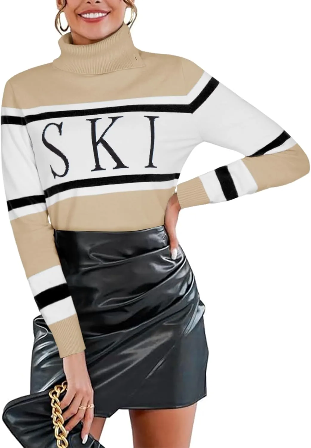 Women's 2025 Spring Turtleneck Sweater Colorblock Pullover Tight Knit Ski Sweaters Thermal Shirts Winter Tops