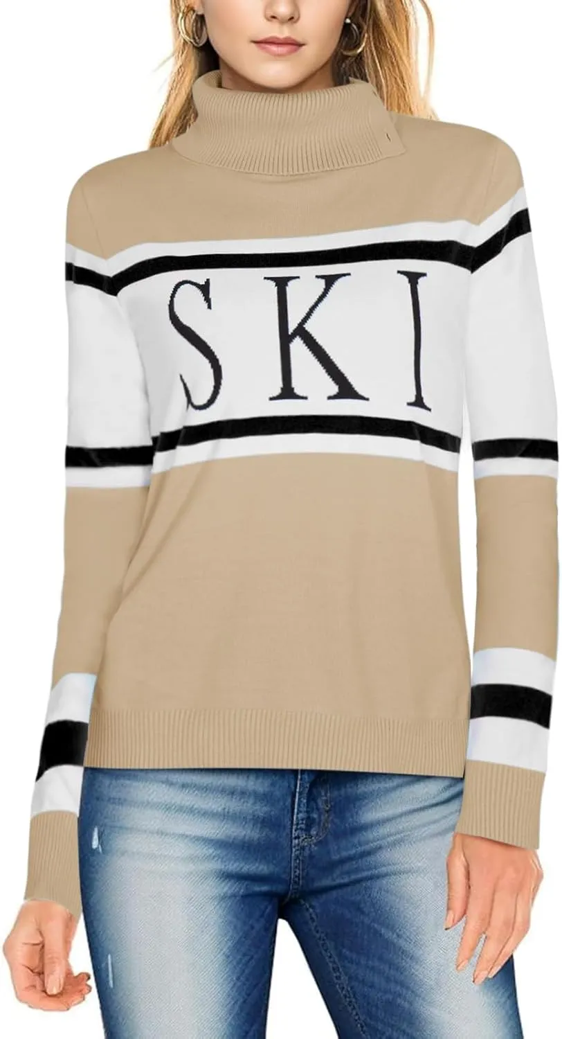Women's 2025 Spring Turtleneck Sweater Colorblock Pullover Tight Knit Ski Sweaters Thermal Shirts Winter Tops