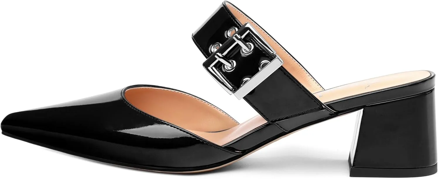 Women's Adjustable Strap Buckle Patent Solid Pointed Toe Chunky Low Heel Mules Casual Dress Pumps Slide Sandals 2 Inch