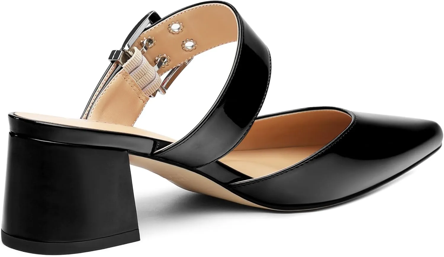Women's Adjustable Strap Buckle Patent Solid Pointed Toe Chunky Low Heel Mules Casual Dress Pumps Slide Sandals 2 Inch