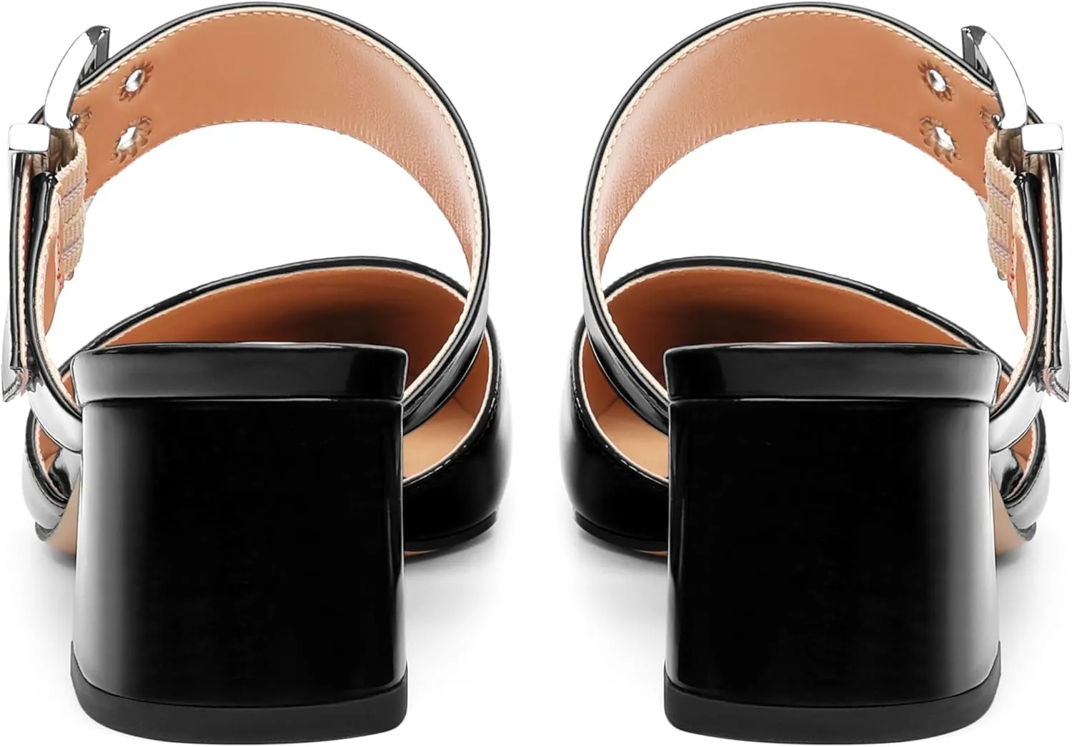 Women's Adjustable Strap Buckle Patent Solid Pointed Toe Chunky Low Heel Mules Casual Dress Pumps Slide Sandals 2 Inch
