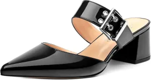 Women's Adjustable Strap Buckle Patent Solid Pointed Toe Chunky Low Heel Mules Casual Dress Pumps Slide Sandals 2 Inch