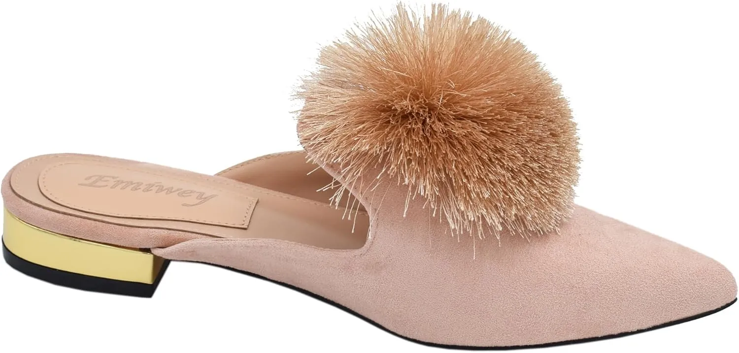 Women's Backless Comfort Slip On Loafers Flats Cute Pom Pom Mule Slippers Casual Shoes