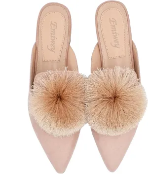 Women's Backless Comfort Slip On Loafers Flats Cute Pom Pom Mule Slippers Casual Shoes
