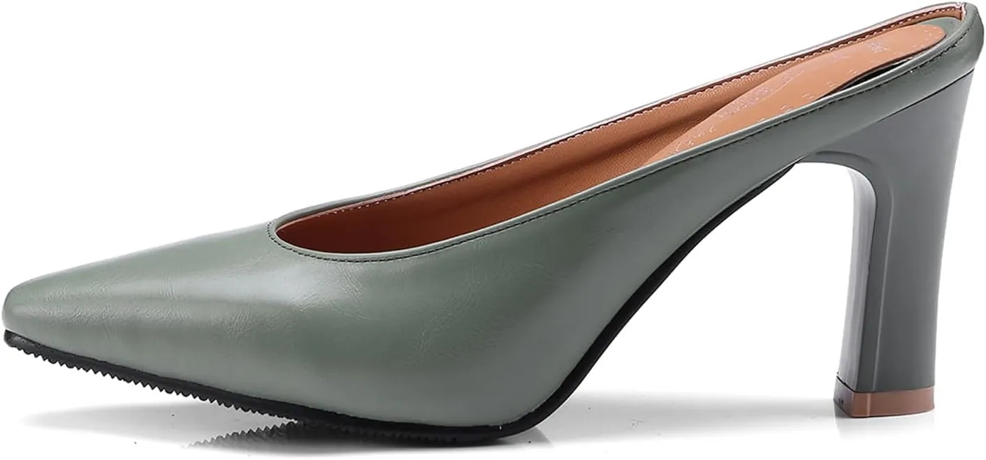 Women's Basic High Chunky Heel Mules for Women Pointed Toe Slip-On Backless Slide Sandals Pumps Work Casual Fashion Business Dress Party Office Comfortable Leather Shoes