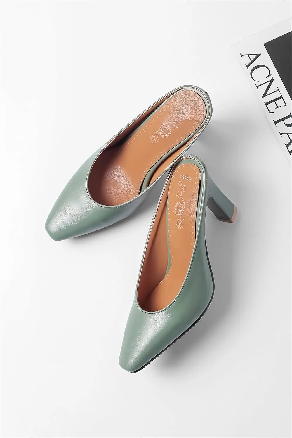 Women's Basic High Chunky Heel Mules for Women Pointed Toe Slip-On Backless Slide Sandals Pumps Work Casual Fashion Business Dress Party Office Comfortable Leather Shoes